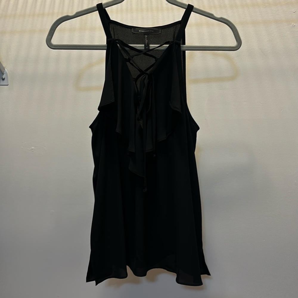 BCBG dressy tank with ruffles and lace tie